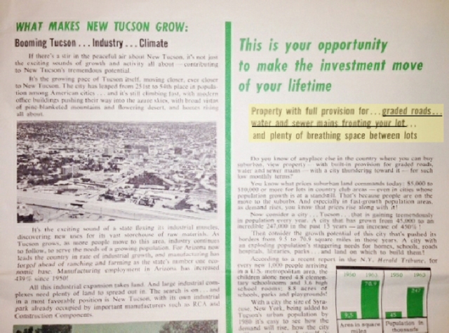 In the 1970s low owners were promised roads and utilities would be put in theNew Tucson/Sycamore Vista Subdivision. This is a page from their sales brochure given to buyers. A long-term lot owner sent it to me.